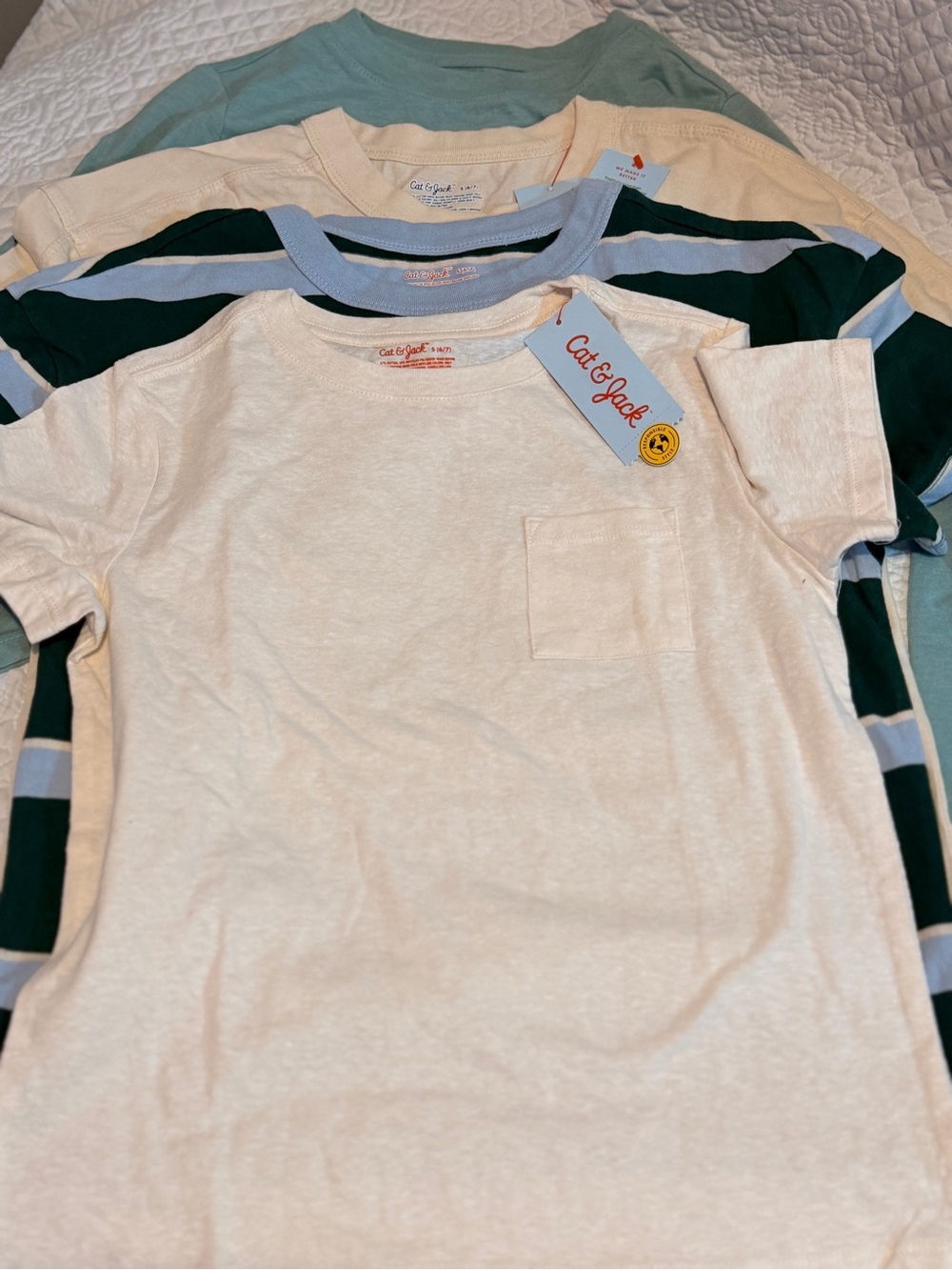 Cat & Jack Cream Short-Sleeve Pocket Tee with Blue & Green Stripe Tees